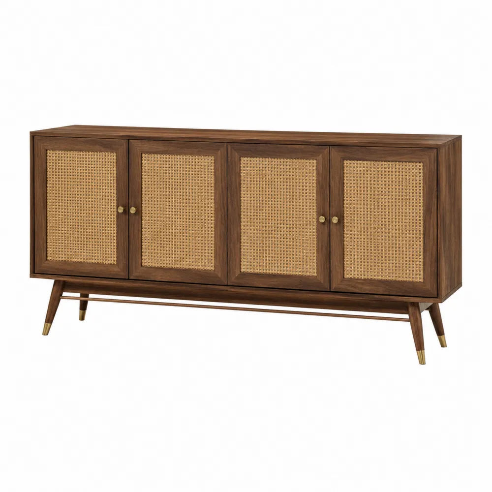 Credenza buffet 160 x 40 x 80 cm 4 ante in rattan naturale struttura in MDF effetto noce gambe inclinate con puntali in metallo oro