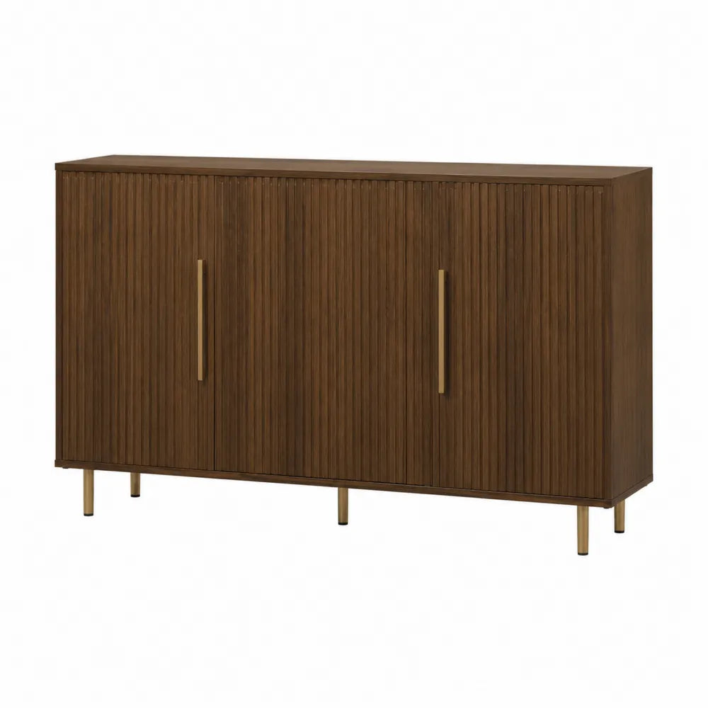 Credenza buffet 160 x 40 x 80 cm in truciolare effetto noce scuro con ante scanalate e maniglie in metallo oro