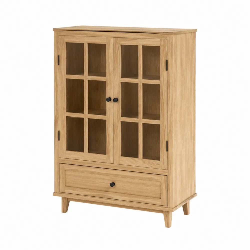 Credenza buffet 90 x 40 x 120 cm in legno ingegnerizzato effetto rovere naturale con ante in vetro temperato e cassetto inferiore struttura rettangolare