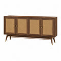 Credenza buffet 160 x 40 x 80 cm 4 ante in rattan naturale struttura in MDF effetto noce gambe inclinate con puntali in metallo oro