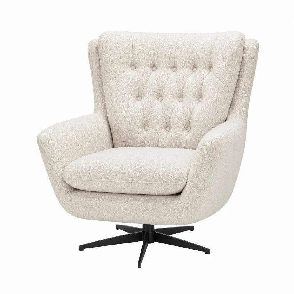 Poltrona girevole imbottita in tessuto bouclé beige con base in metallo nero dimensioni 85 x 95 x 105 cm