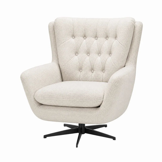Poltrona girevole imbottita in tessuto bouclé beige con base in metallo nero dimensioni 85 x 95 x 105 cm