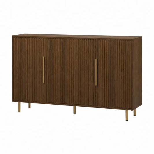 Credenza buffet 160 x 40 x 80 cm in truciolare effetto noce scuro con ante scanalate e maniglie in metallo oro