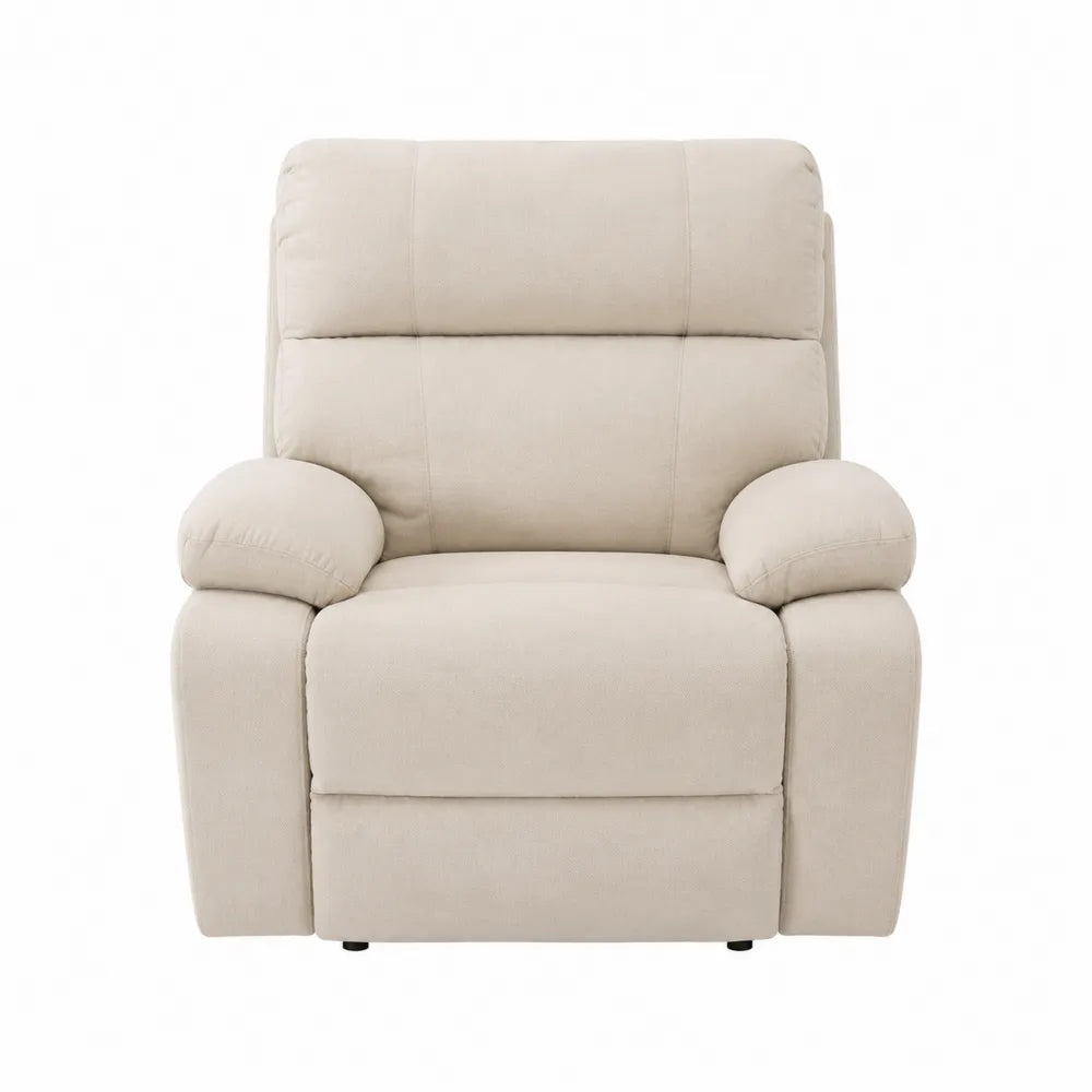 Poltrona reclinabile imbottita in tessuto poliestere beige con poggiapiedi integrato struttura in legno e acciaio dimensioni 90 cm 95 cm 100 cm