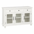 Credenza buffet 140 x 40 x 85 cm in MDF laccato bianco con 3 cassetti e 3 ante in vetro temperato gambe in legno massello e maniglie nere