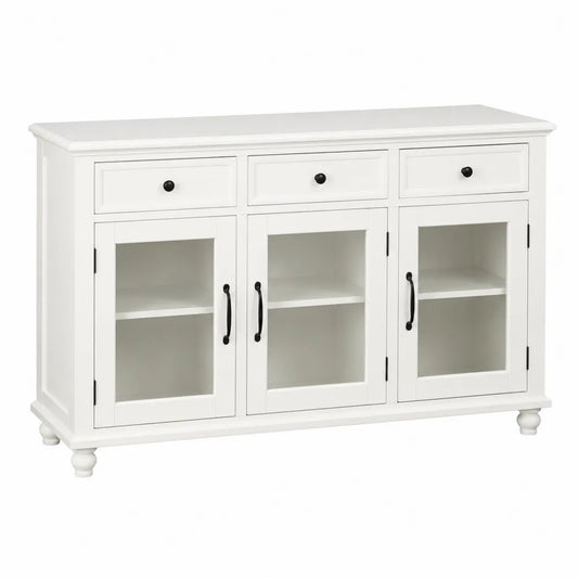 Credenza buffet 140 x 40 x 85 cm in MDF laccato bianco con 3 cassetti e 3 ante in vetro temperato gambe in legno massello e maniglie nere