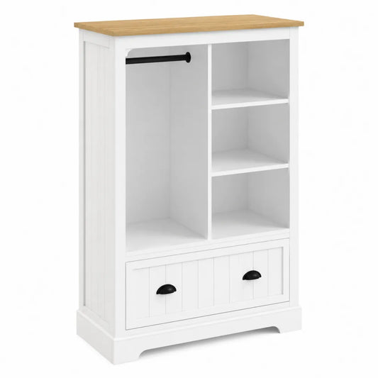 Armadio portatile con appendiabiti e cassetto in MDF bianco con piano effetto rovere dimensioni circa 80 x 40 x 120 cm