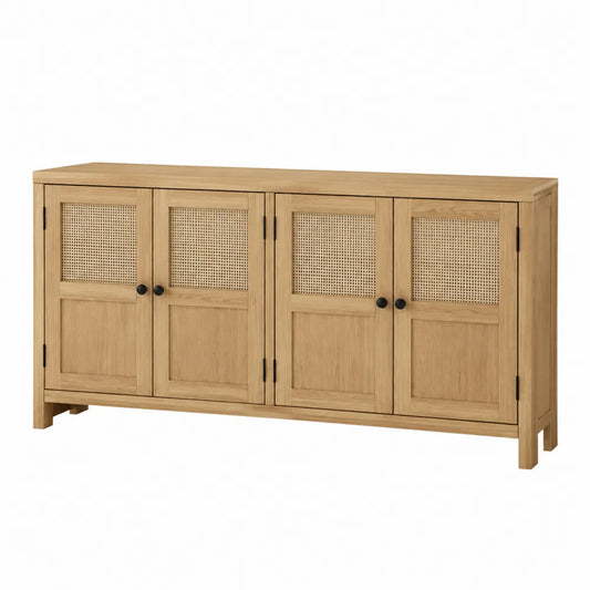 Credenza buffet in MDF impiallacciato rovere con ante in rattan naturale 4 ante 160 x 40 x 80 cm rovere naturale