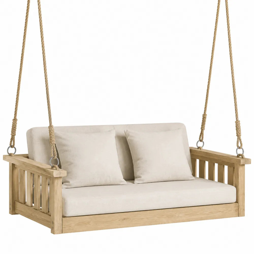 Altalena sospesa da giardino con divano 140 cm in legno massello di acacia cuscini in tessuto poliestere colore beige 140 cm 70 cm 60 cm