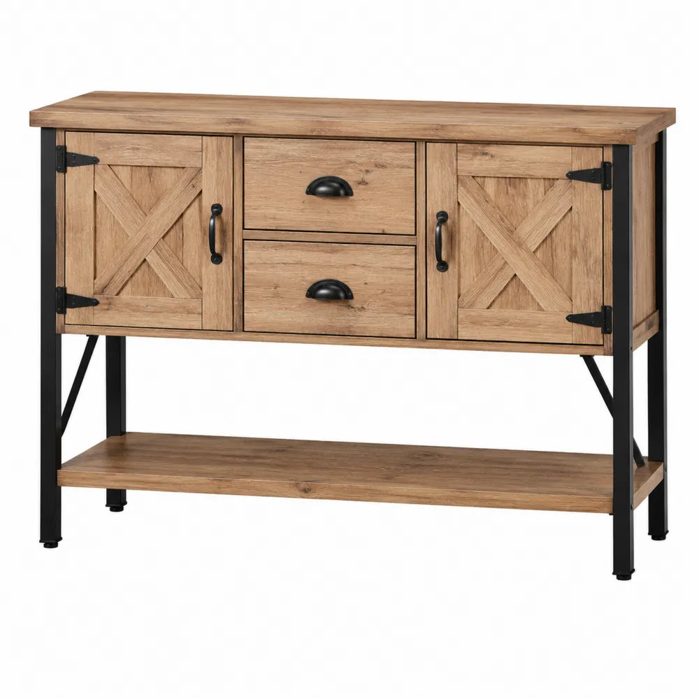Credenza buffet 2 ante 2 cassetti in legno ingegnerizzato effetto rovere con struttura in metallo nero e ripiano inferiore 140 cm x 40 cm x 85 cm