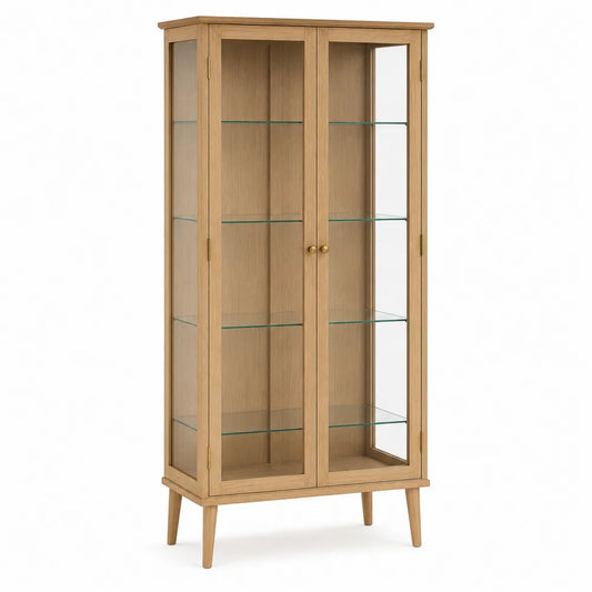 Vetrina 80 x 35 x 160 cm in legno massello effetto rovere naturale con 2 ante in vetro e ripiani in vetro temperato