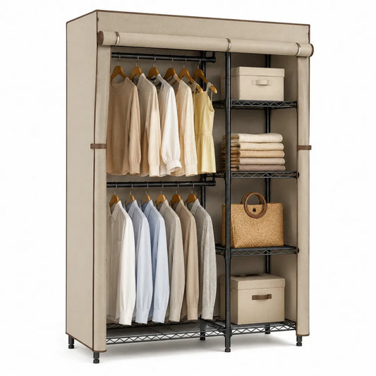 Armadio portatile in tessuto non tessuto e acciaio al carbonio con copertura beige e struttura nera 150 cm 45 cm 175 cm con ripiani e aste appendiabiti