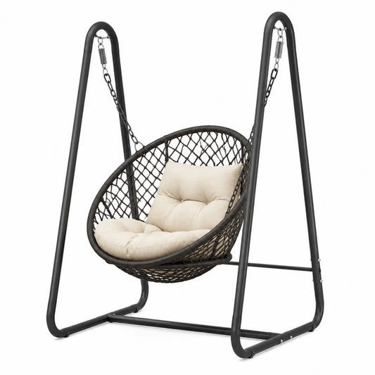 Sedia sospesa da esterno con supporto in acciaio nero e intreccio rattan PE con cuscini beige struttura autoportante dimensioni 195 cm 120 cm 110 cm