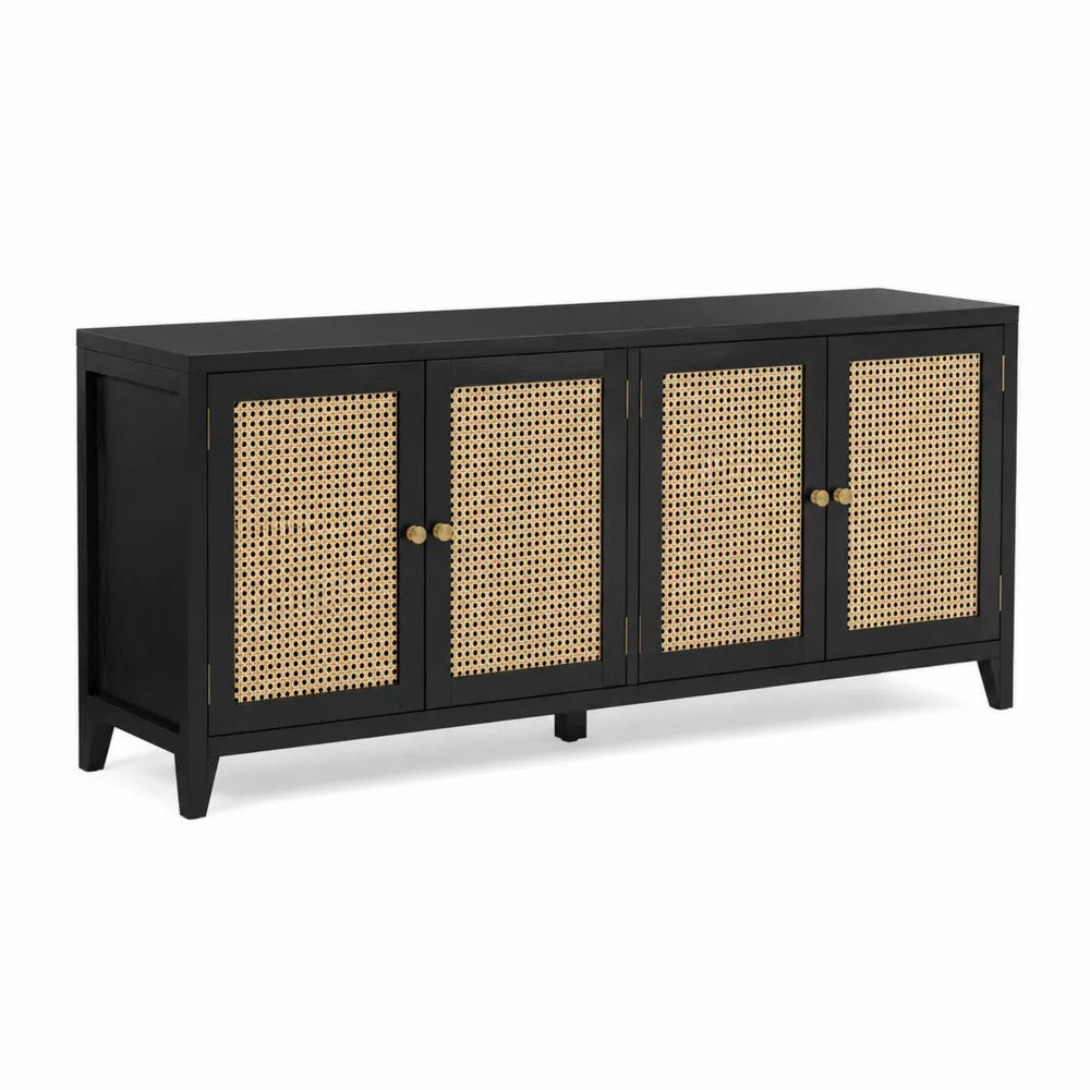 Credenza buffet 160 x 40 x 80 cm 4 ante in rattan naturale struttura in MDF effetto nero gambe inclinate con puntali in metallo oro stile moderno