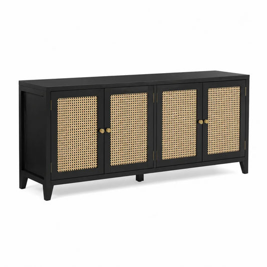 Credenza buffet 160 x 40 x 80 cm 4 ante in rattan naturale struttura in MDF effetto nero gambe inclinate con puntali in metallo oro stile moderno