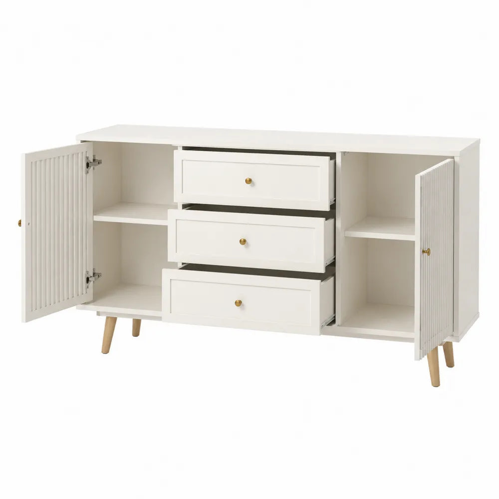 Credenza buffet 2 ante 3 cassetti in MDF laccato bianco con struttura in legno massello e gambe in pino naturale 140 cm x 40 cm x 80 cm
