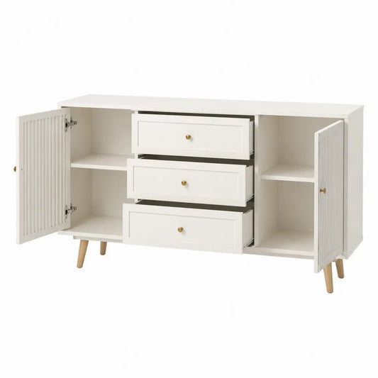 Credenza buffet 2 ante 3 cassetti in MDF laccato bianco con struttura in legno massello e gambe in pino naturale 140 cm x 40 cm x 80 cm
