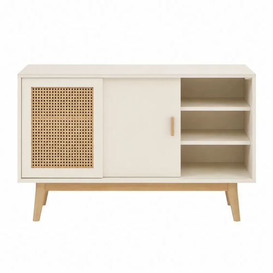 Credenza buffet 140 x 40 x 80 cm circa con porta scorrevole in rattan struttura in MDF colore beige e legno naturale con ripiani interni