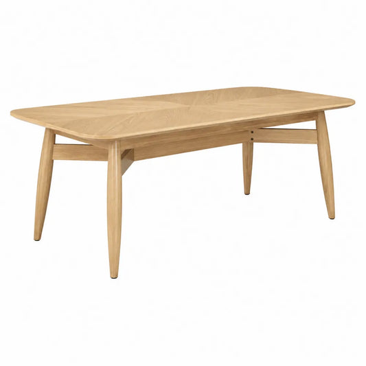 Tavolo da pranzo rettangolare in legno ingegnerizzato effetto rovere chiaro gambe in legno massello inclinate 160 cm x 90 cm x 75 cm