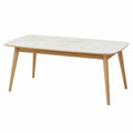 Tavolo da pranzo 140 x 80 x 75 cm piano effetto marmo bianco con struttura in legno gambe inclinate colore naturale