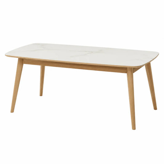 Tavolo da pranzo 140 x 80 x 75 cm piano effetto marmo bianco con struttura in legno gambe inclinate colore naturale
