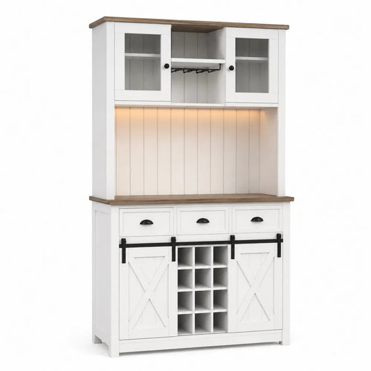 Credenza buffet con ante in vetro e portabottiglie in legno ingegnerizzato bianco con struttura in legno e metallo 120 cm x 40 cm x 180 cm