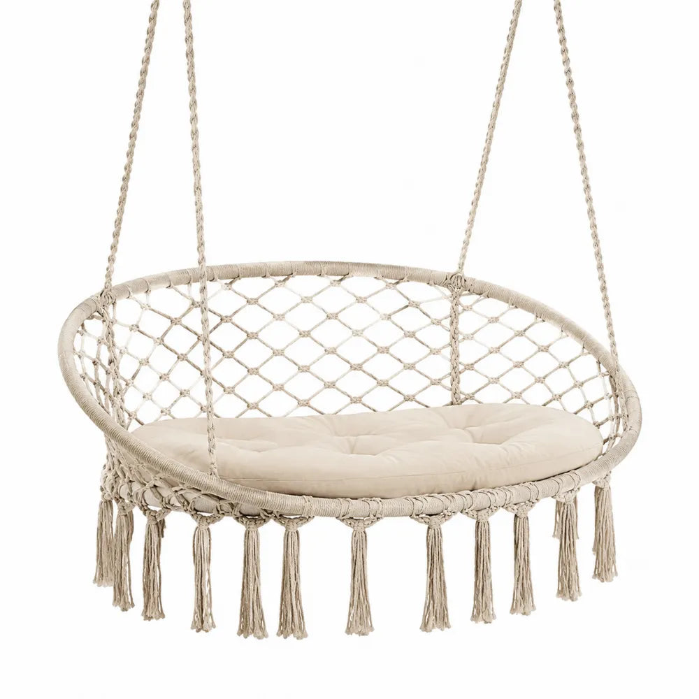 Sedia sospesa da esterno in corda intrecciata cotone con cuscino imbottito beige diametro seduta circa 90 cm senza supporto