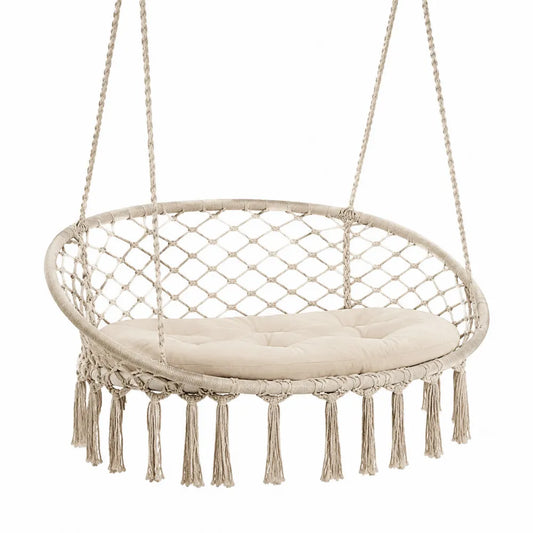 Sedia sospesa da esterno in corda intrecciata cotone con cuscino imbottito beige diametro seduta circa 90 cm senza supporto